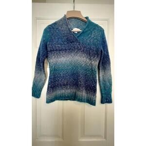 Coldwater Creek Blue Wool Blend Ombre Sweater, Rolled V-Neck Collar, Sz 10-12